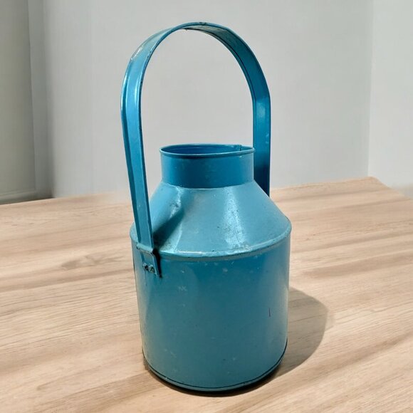 Blue Hand painted Metal Canister Planter Cow Tree with Handle 13 in Farmhouse - Picture 2 of 5